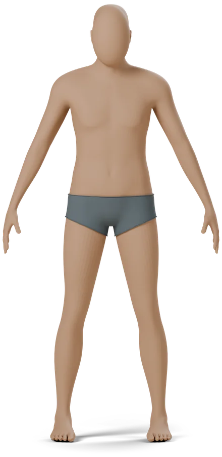 Clay figure, male body, warm umber tone, front view, with the 18 front injection sites drawn on it.